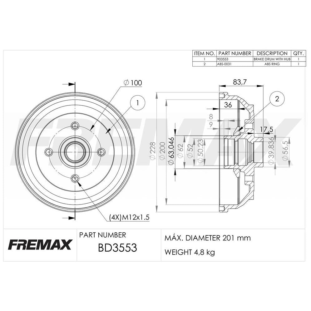 Tambor de Freio Traseiro 1 Unidade - Fremax - BD3553KT - (1)