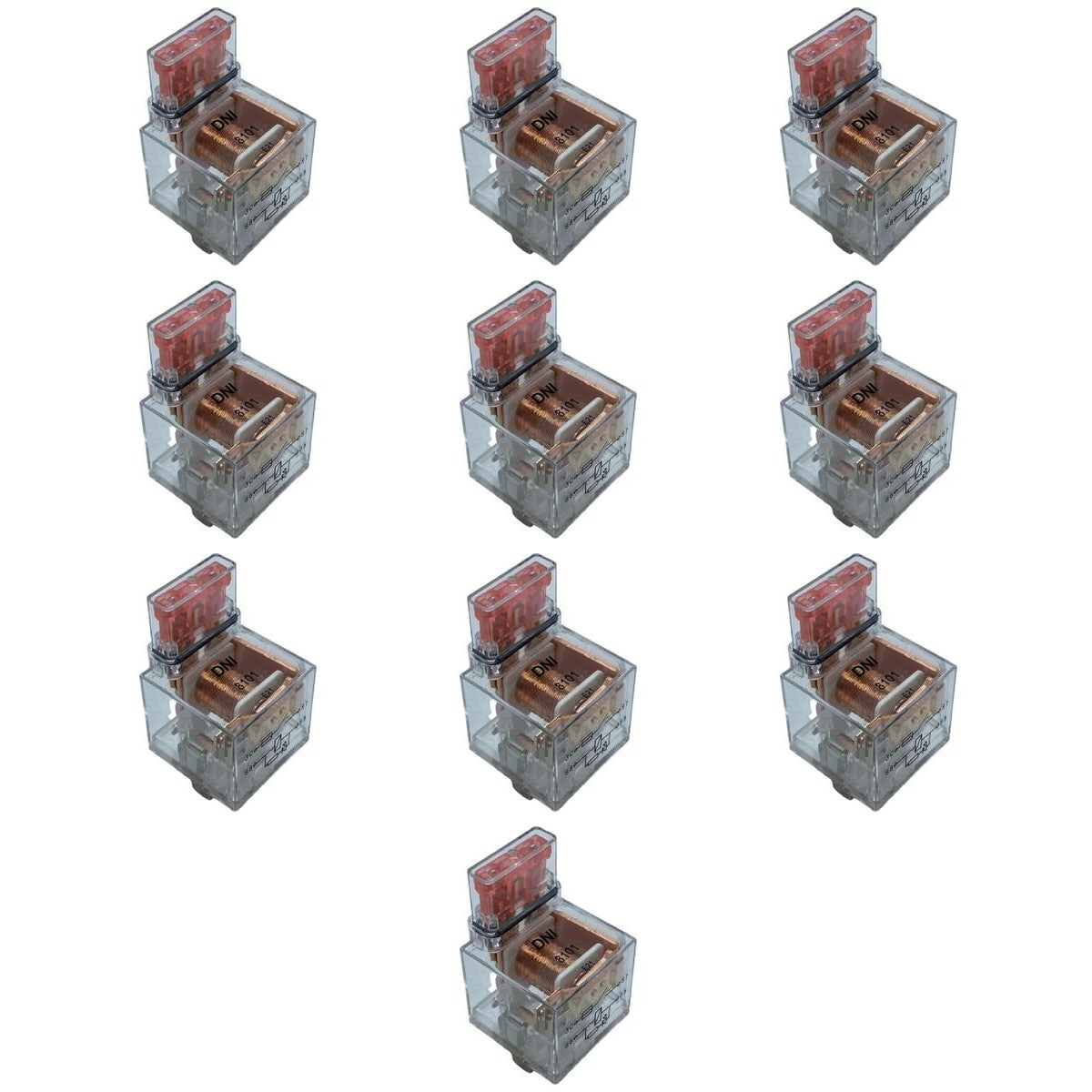 10 Relés Auxiliar Acrílico com LED Fusível 40A 12V 4 Terminais - DNI 8101 - (1)