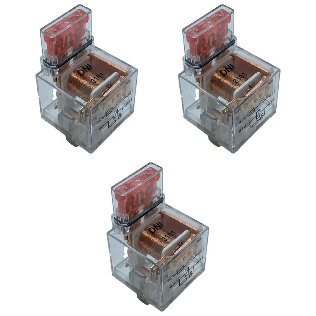 3 Relés Auxiliar Acrílico com LED Fusível 40A 12V 4 Terminais - DNI 8101 - (1)