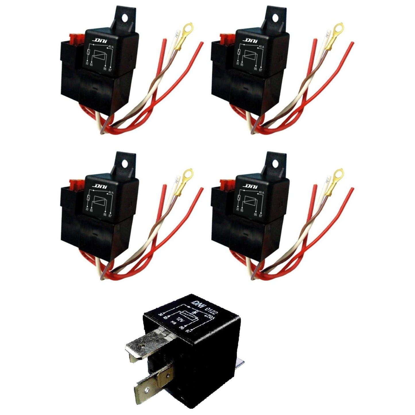 Kit 4 Relé Auxiliar Universal 12V 40A e 1 Relé Auxiliar 12V 70A - DNI 0122 - DNI 0110 - (1)