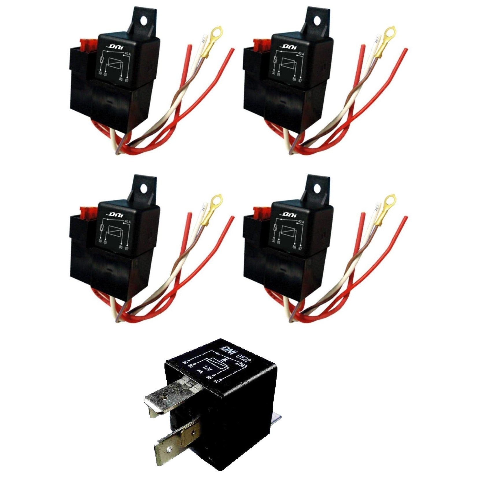 Kit 4 Relé Auxiliar Universal 12V 40A e 1 Relé Auxiliar 12V 70A - DNI 0122 - DNI 0110 - (1)