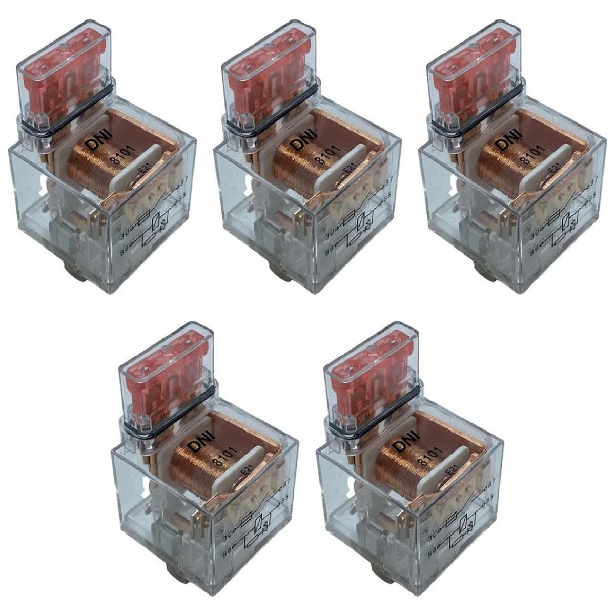 5 Relés Auxiliar Acrílico com LED Fusível 40A 12V 4 Terminais - DNI 8101 - (1)