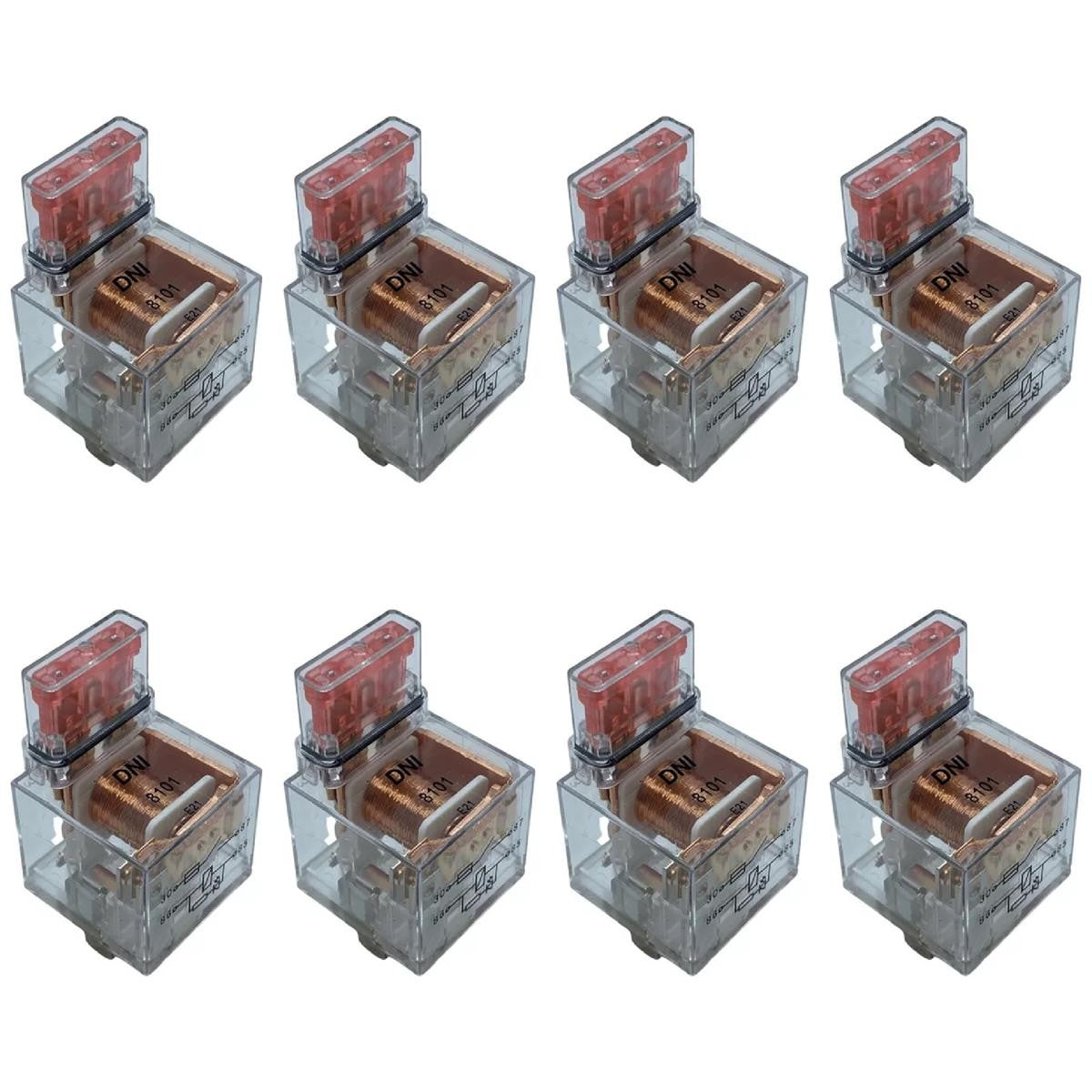 8 Relés Auxiliar Acrílico com LED Fusível 40A 12V 4 Terminais - DNI 8101 - (1)
