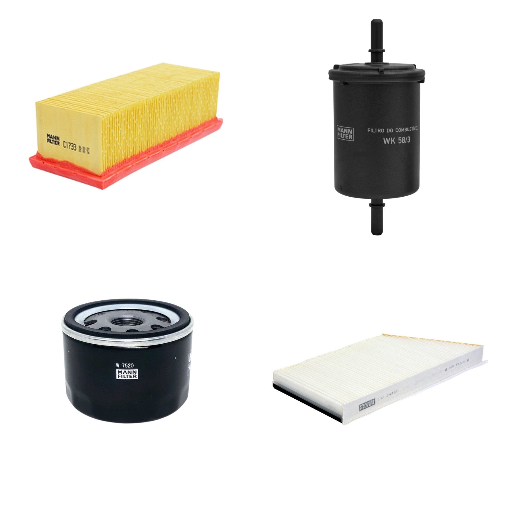 Kit Filtros de Ar Combustível Cabine Ar Condicionado Óleo - Mann-Filter - C1733 - CU3448/1 - W7520 - WK58/3 - (1)