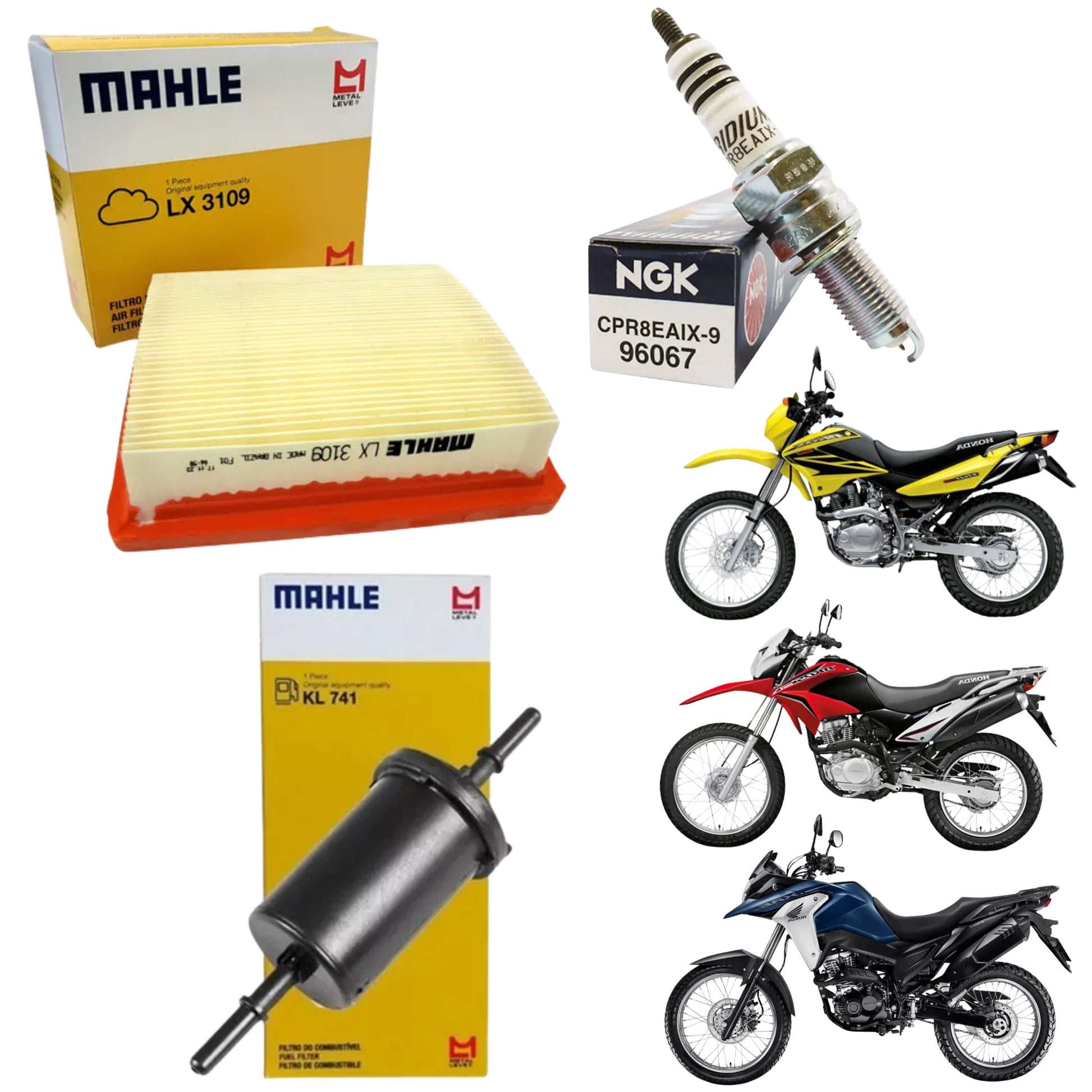 Kit Vela  Iridium + Filtro de Ar + Filtro Combustível NXR Bross 150 160 XRE 190 Injeção - NGK / Mahle - (1)