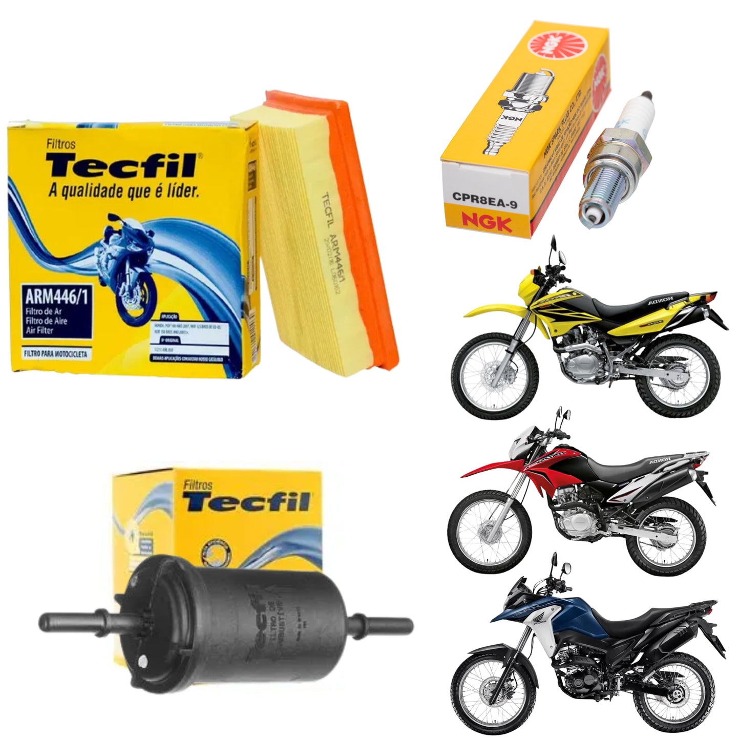 Kit Vela + Filtro de Ar + Filtro Combustível NXR Bross 150 160 XRE 190 Injeção - NGK / Tecfil - (1)