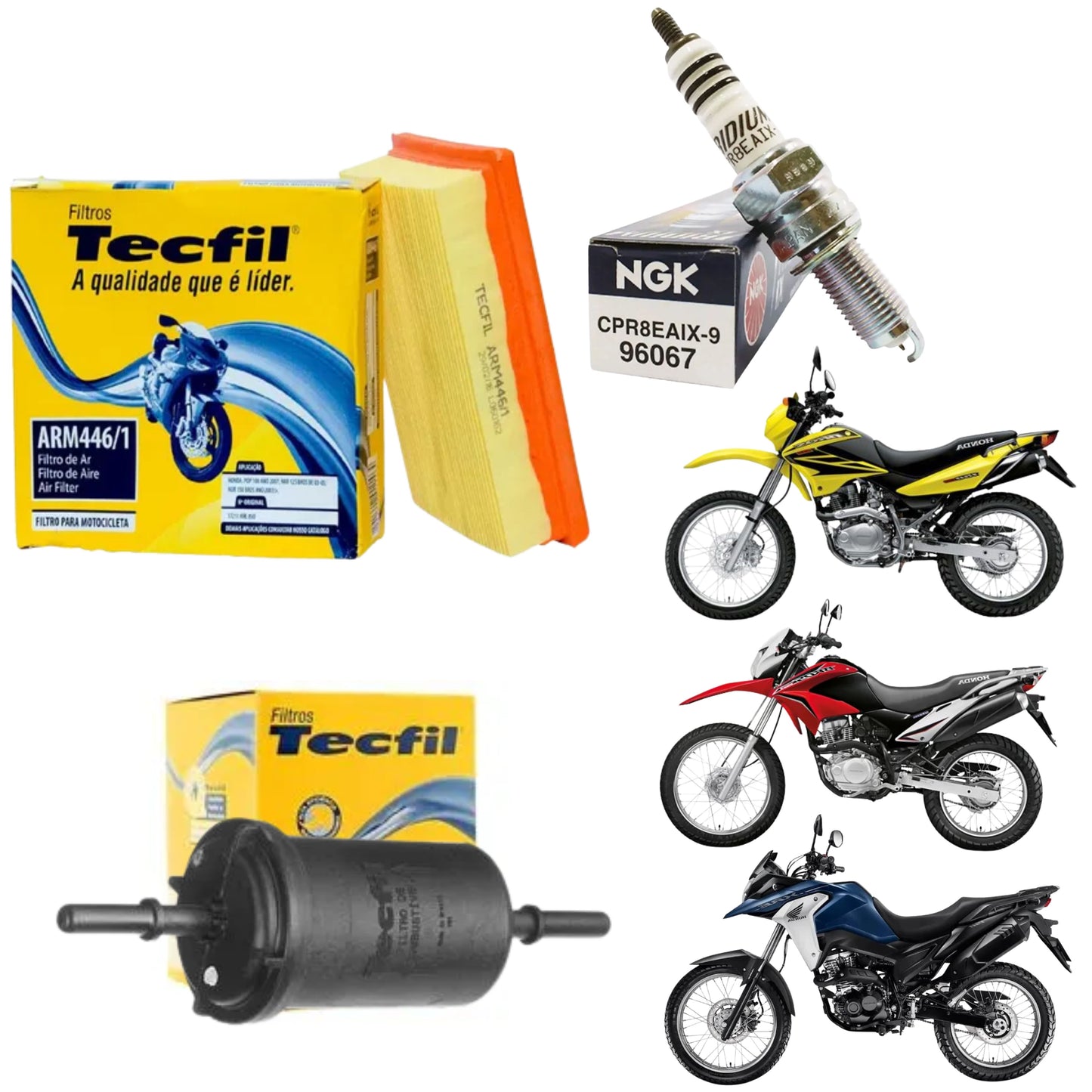 Kit Vela  Iridium + Filtro de Ar + Filtro Combustível NXR Bross 150 160 XRE 190 Injeção - NGK / Tecfil - (1)
