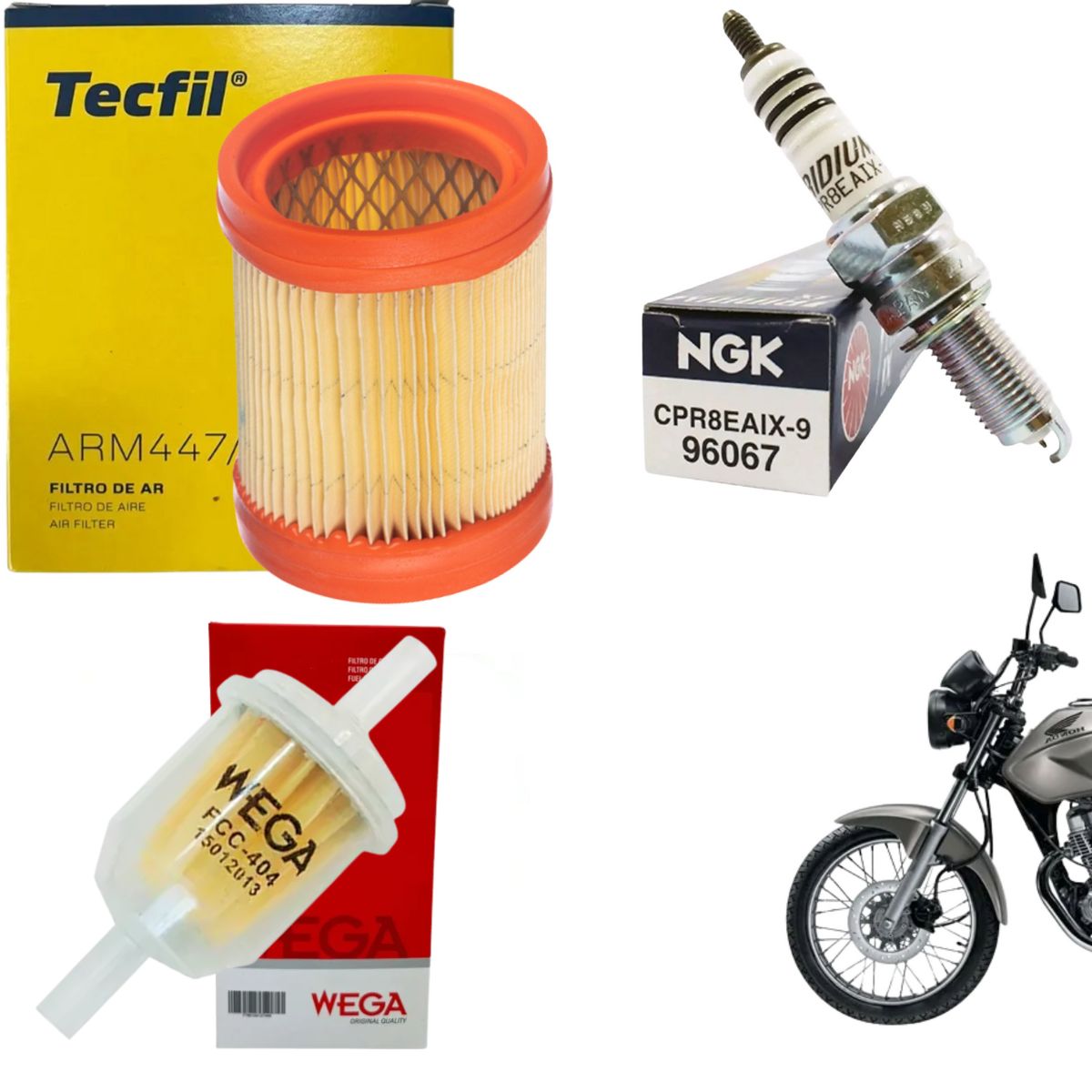Kit Vela Iridium + Filtro Ar + Combustível Cg 150 2004 05 06 07 2008 Titan KS ES D - NGK / Tecfil / Wega - (1)