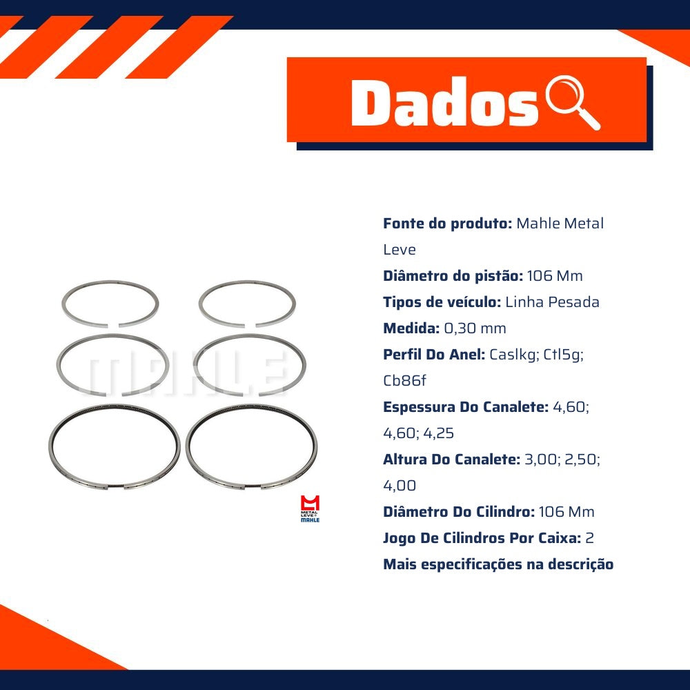 Jogo de Anéis do Pistão 0,30 2 Cilindros - Mahle Metal Leve - DC.8660 0,30 - (2)