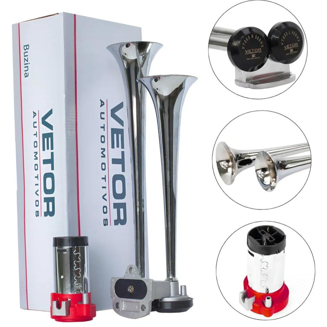 Buzina 2 Cornetas Cromada 12V - Vetor - Vt053 - (1)