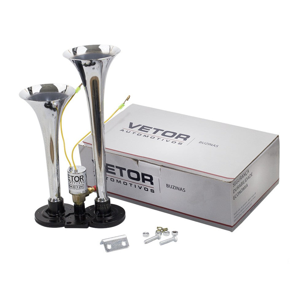 Buzina 2 Cornetas Cromada 12V - Vetor - Vt043 - (10)