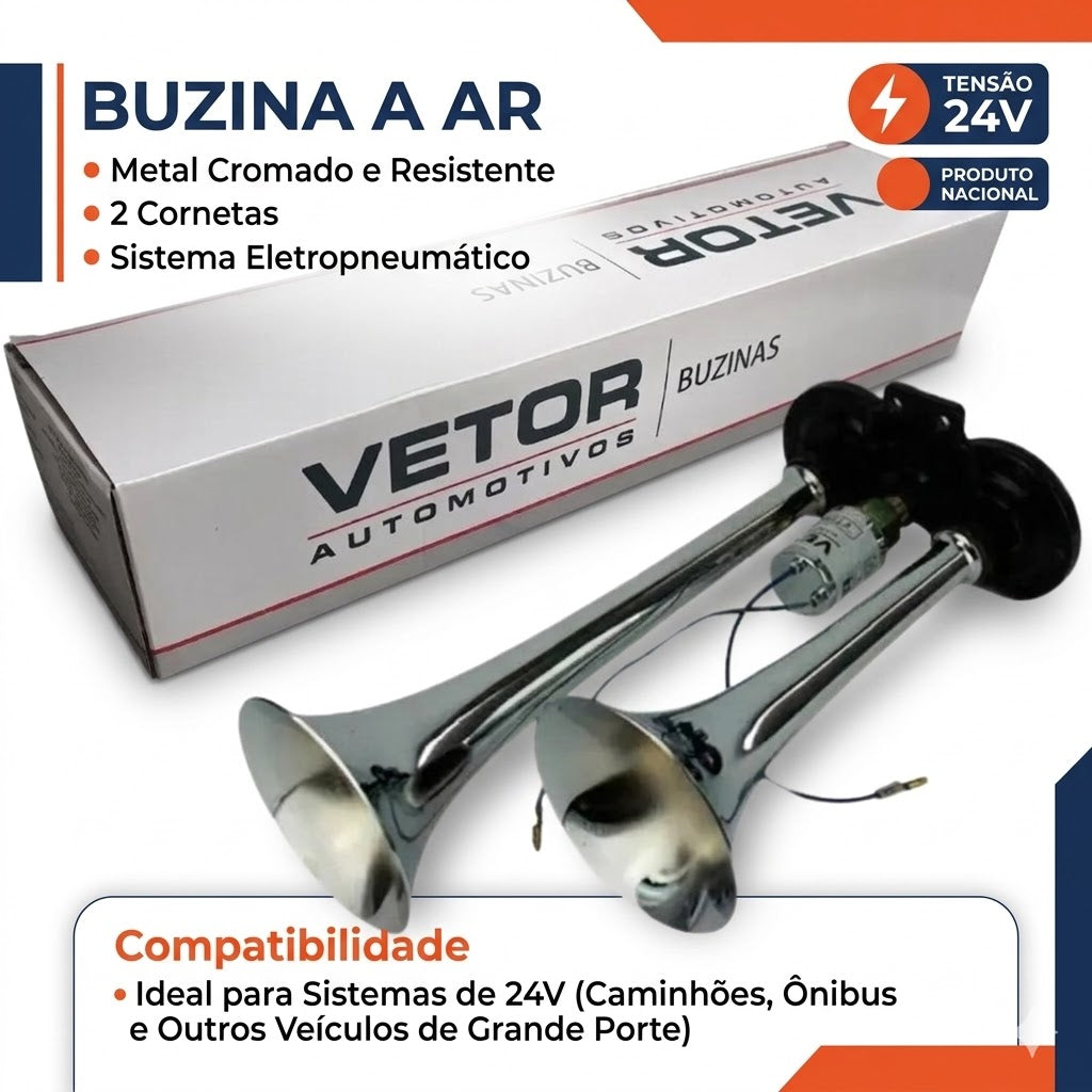 Buzina 2 Cornetas Cromada 24V - Vetor - Vt044 - (2)