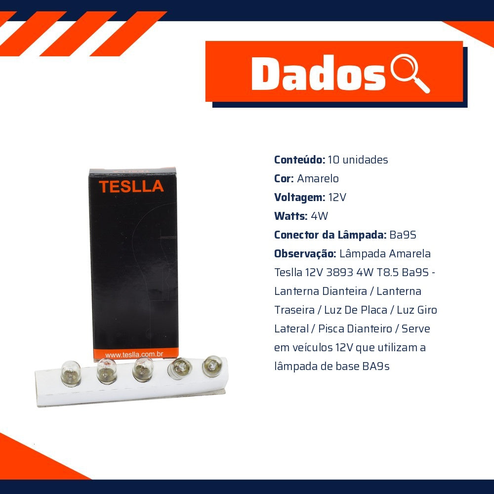 10 Lâmpadas Amarela 12V 4W - Teslla - T69 - (10)
