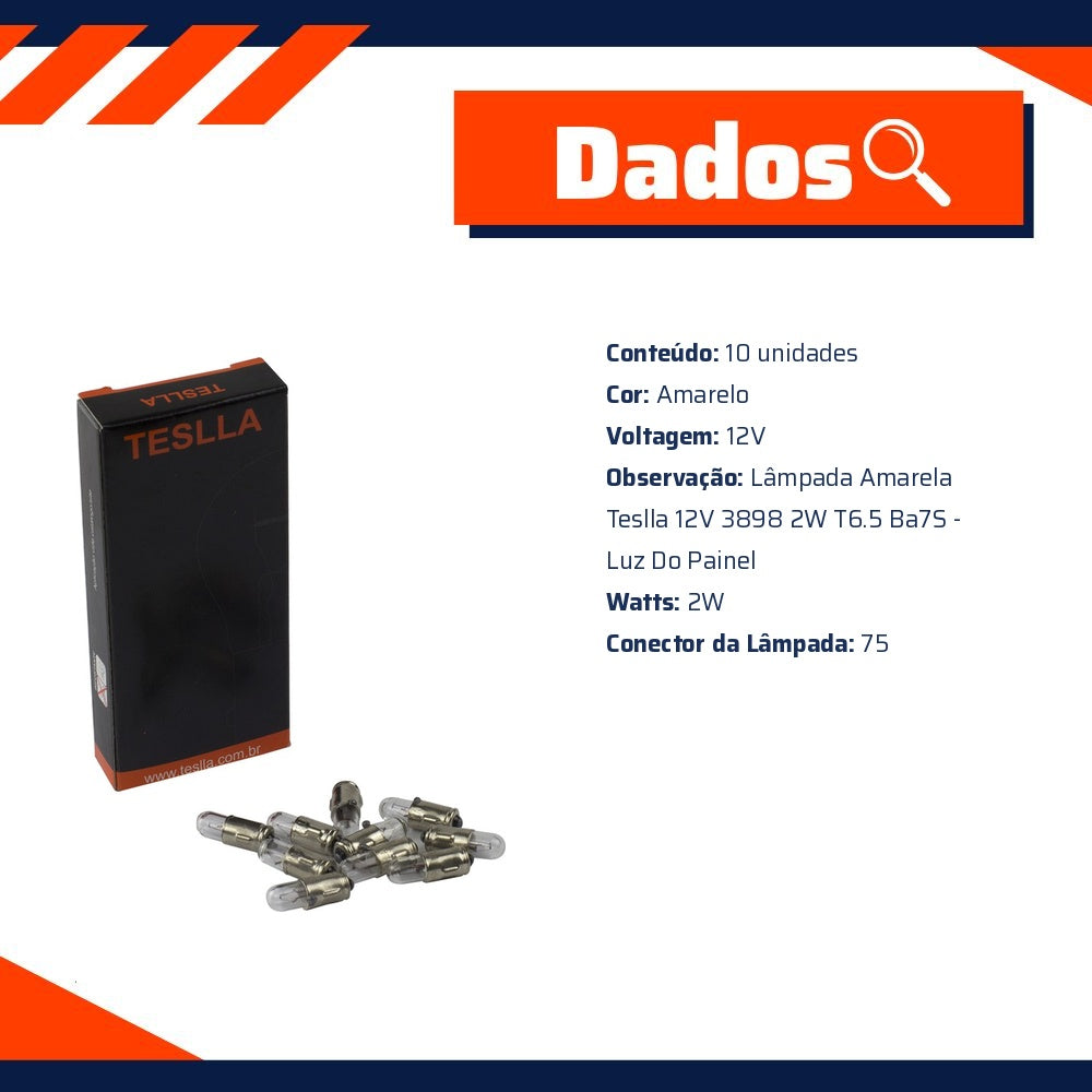 10 Lâmpadas Amarela 12V 2W - Teslla - T75 - (10)