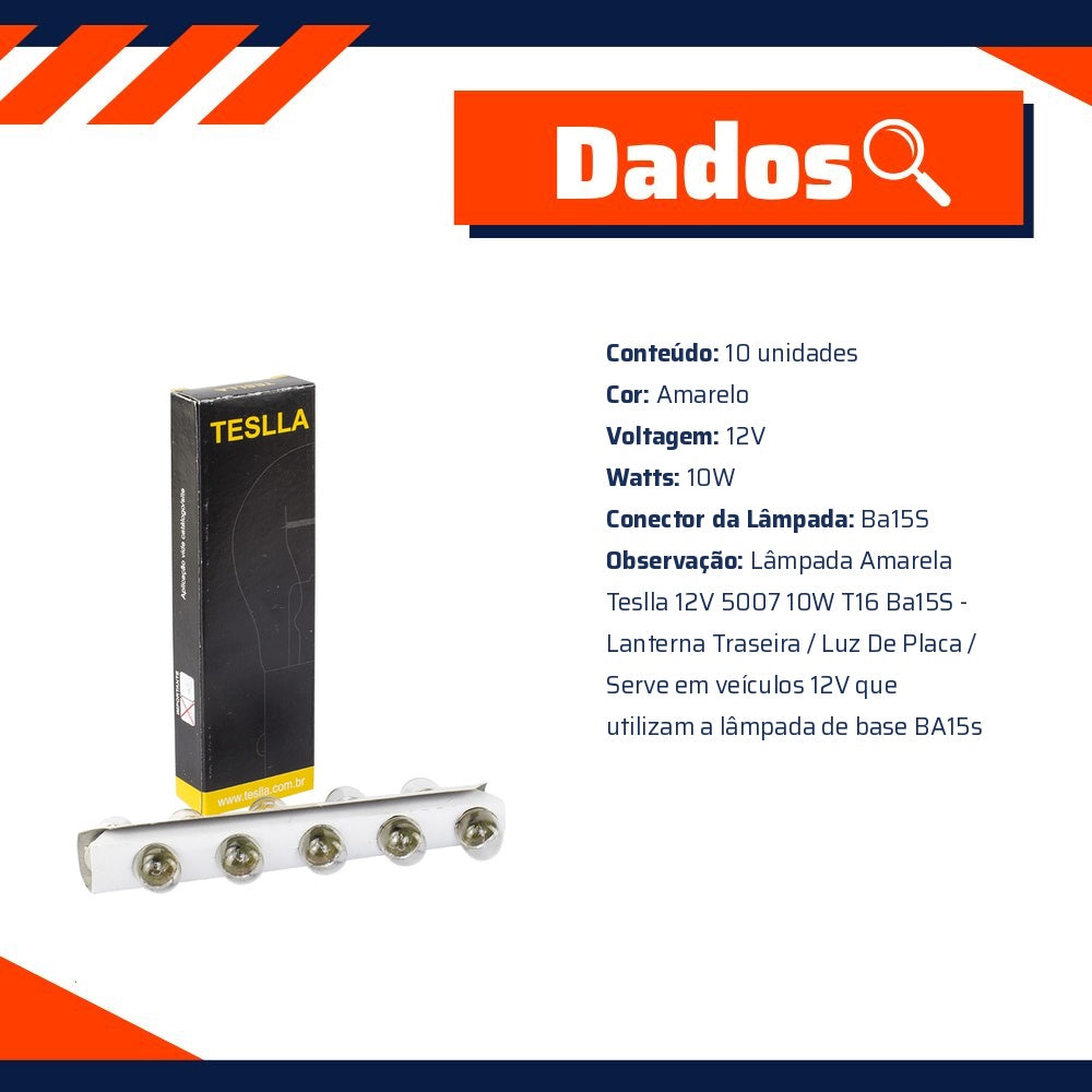 10 Lâmpadas Amarela 12V 10W - Teslla - T6710 - (10)