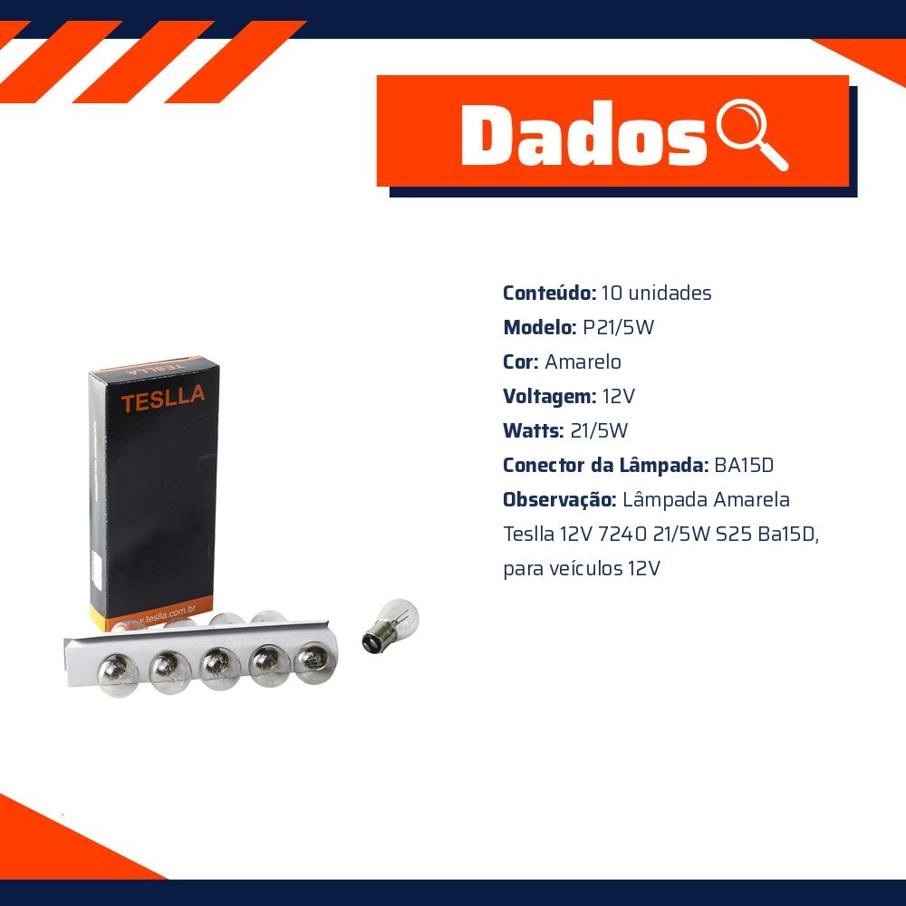 10 Lâmpadas Amarela 12V 21/5W - Teslla - T1176 - (10)