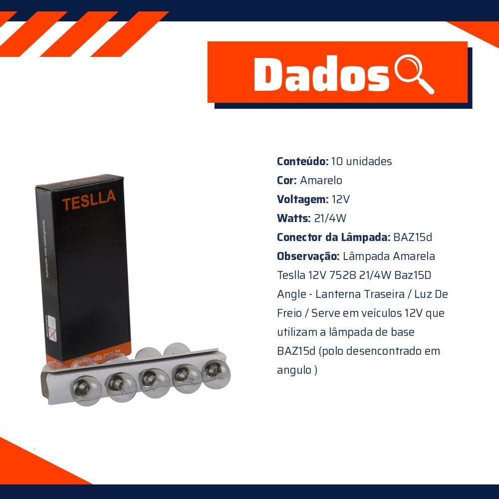 10 Lâmpadas Amarela 12V 21/4W - Teslla - T1034A - (10)