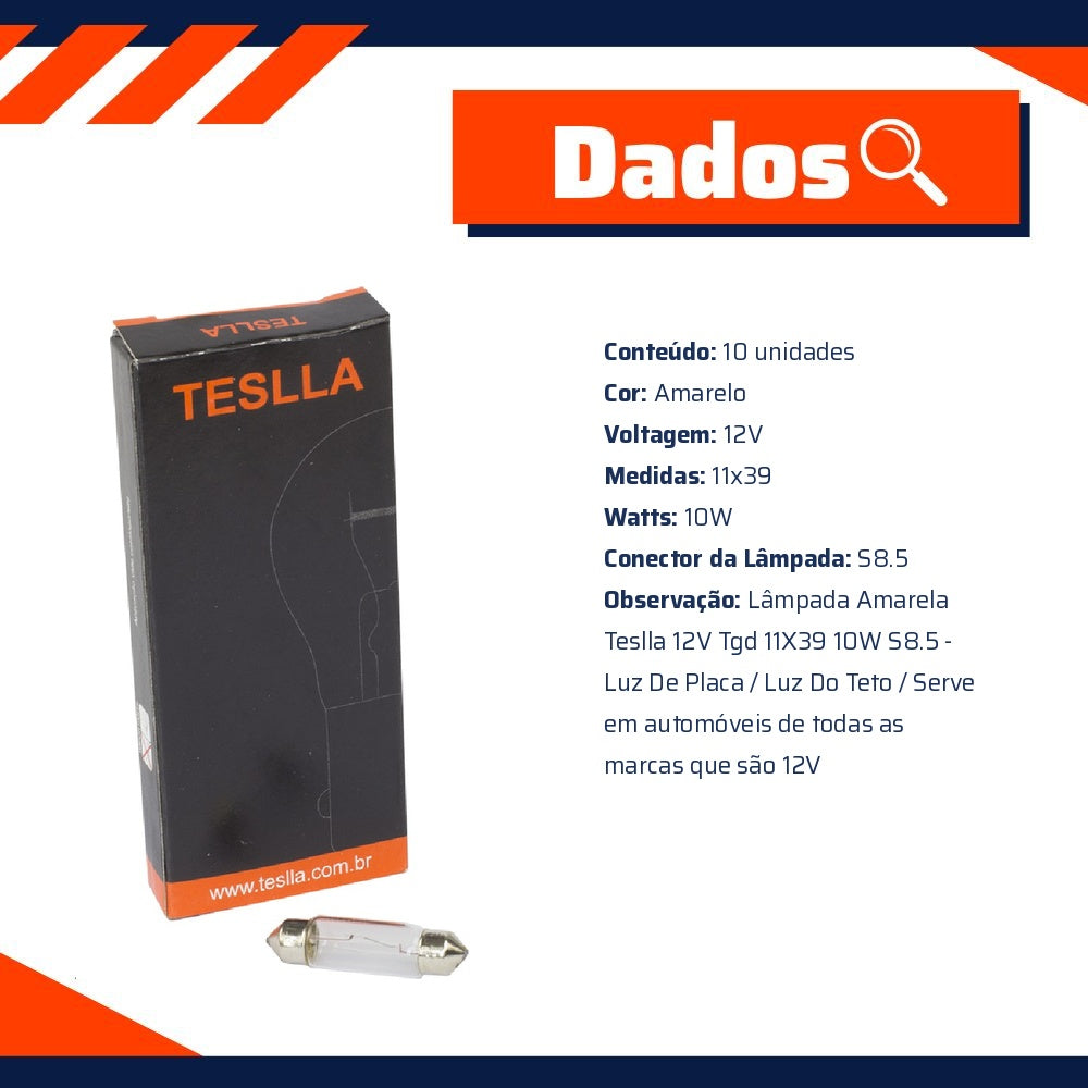 10 Lâmpadas Amarela 12V 10W - Teslla - T6411 - (10)