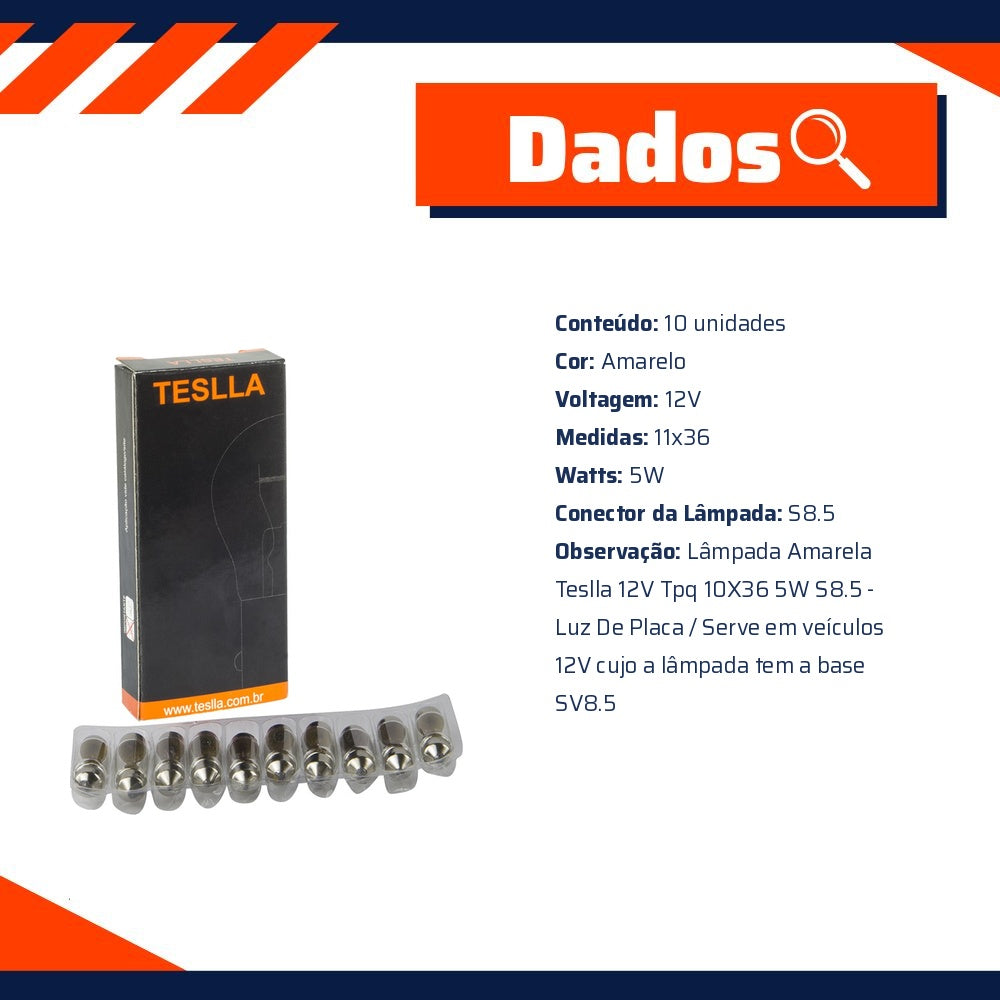10 Lâmpadas Amarela 12V 5W - Teslla - T6418 - (12)