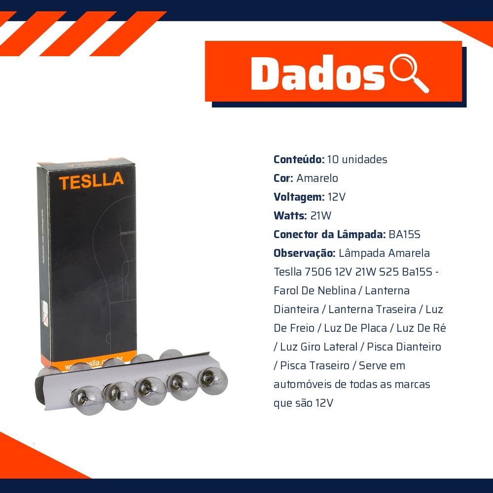 10 Lâmpadas Amarela 12V 21W - Teslla - T1141 - (10)