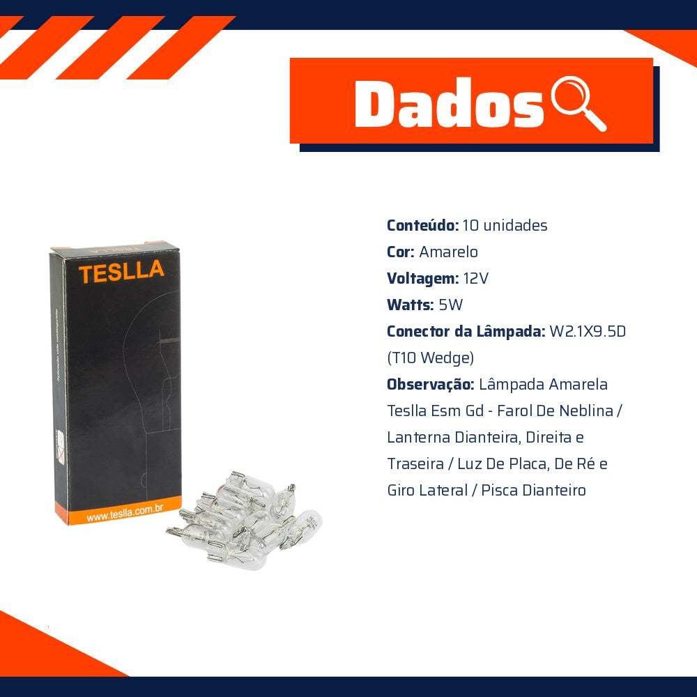 10 Lâmpadas Amarela 12V 5W - Teslla - T2825 - (10)