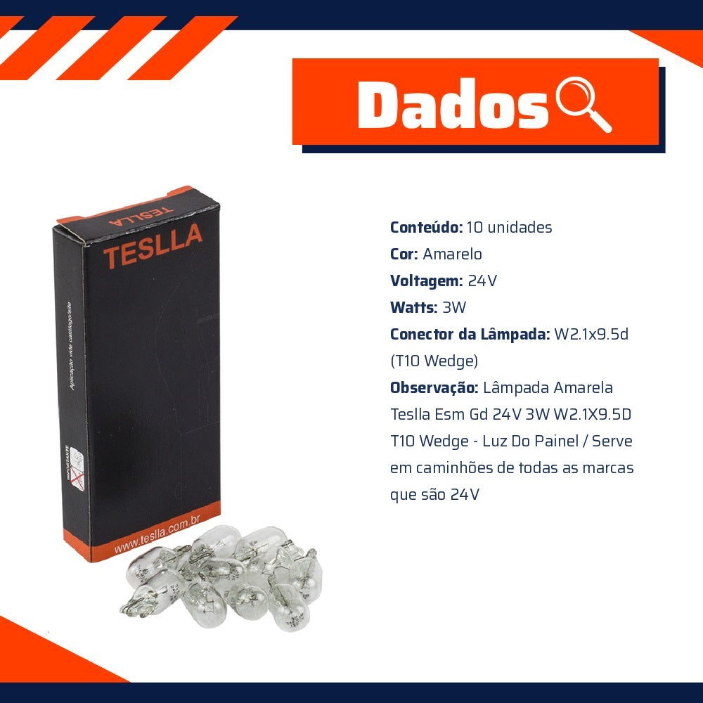 10 Lâmpadas Amarela 24V 3W - Teslla - T2821V - (5)