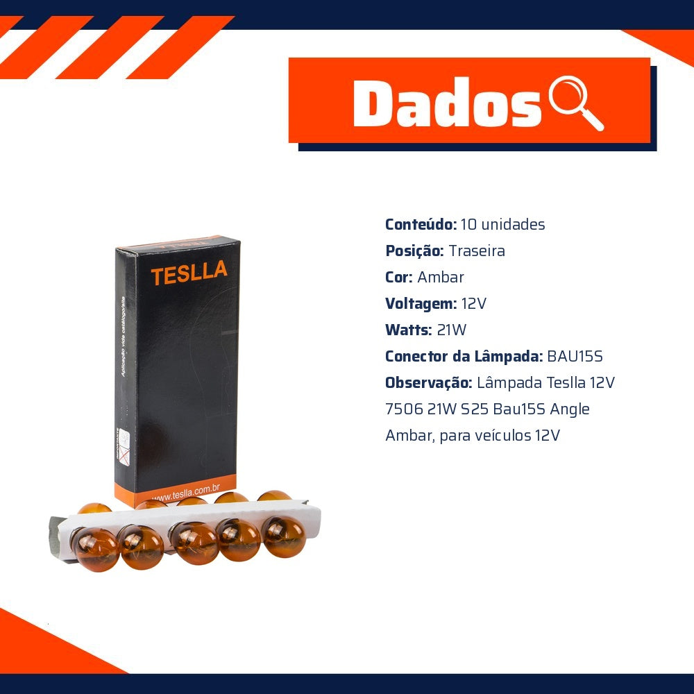 10 Lâmpadas Âmbar 12V 21W - Teslla - T1141Aab - (10)