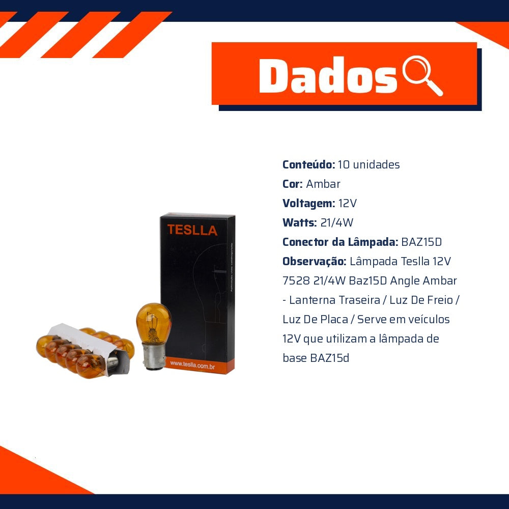 10 Lâmpadas Âmbar 12V 21/4W - Teslla - T1034Aab - (9)