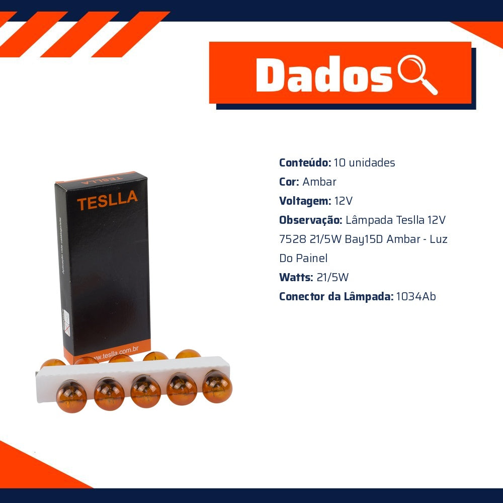 10 Lâmpadas Âmbar 12V 21/5W - Teslla - T1034Ab - (5)