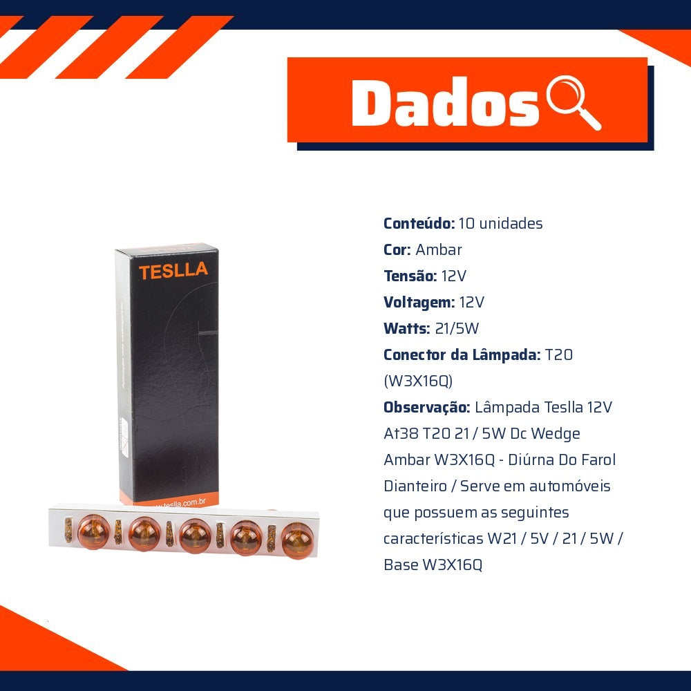 10 Lâmpadas Âmbar 12V 21/5W - Teslla - T6942Ab - (5)