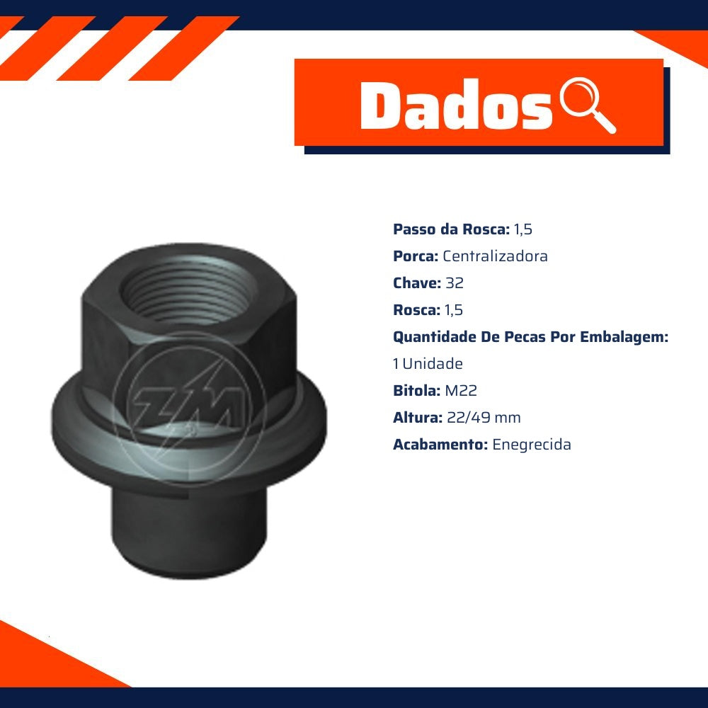 1 Porca Centralizadora Roda M22x1,5xCH32/49 - ZM - 2902253 - (8)