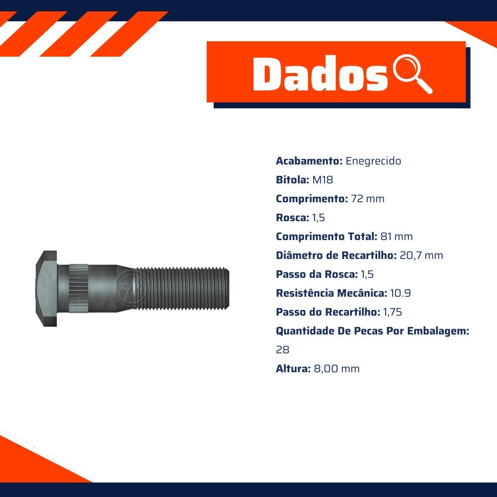 Parafuso de Roda M18-1,5 X 72/81 Caixa com 30 Unidades para Volare A8 - ZM - 30.018.30 - (8)