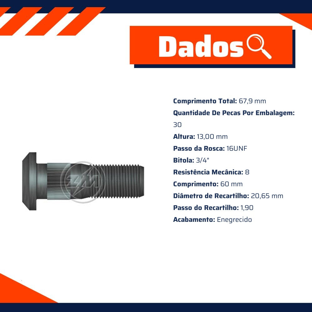 Parafuso de Roda 3/4"-16Unf X 60/67,9 Caixa com 30 Unidades para Chevrolet D-60 e GMC D-60 - ZM - 30.304.22 - (2)