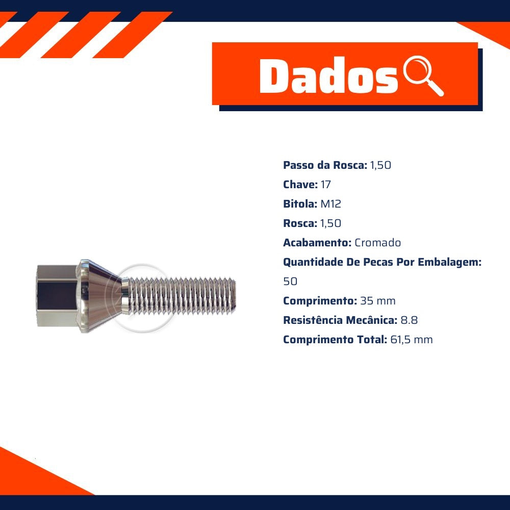 Kit 50 Parafuso de Roda M12-1.5 x 35/61,5 x CH17 - ZM - 3041254 - (8)