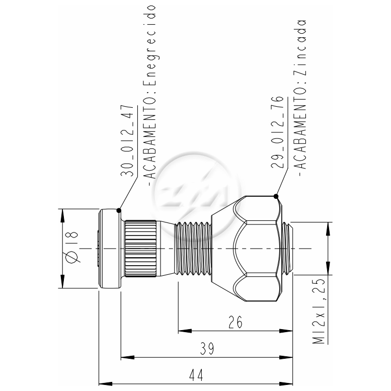 Kit 50 Parafuso Roda M12-1,25x39/44xCH21xH16 - ZM - 4001206 - (2)