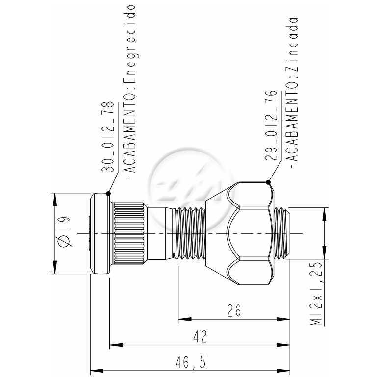 Kit 50 Parafuso Roda M12-1,25x42/46,5xCH21xH16 - ZM - 4001278 - (2)