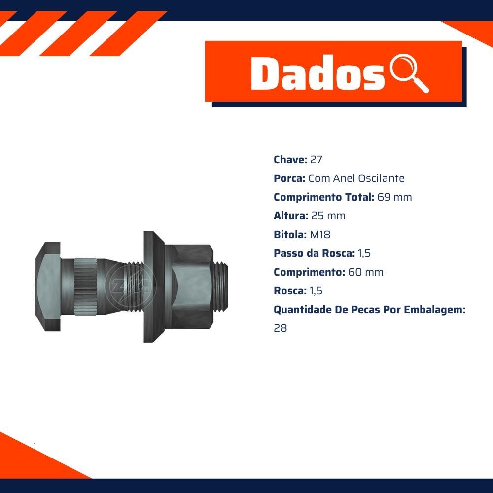 Prisioneiro de Roda com Porca M18-1,5 X 60/69 X Ch27 X H25 Caixa com 28 Unidades para Volare A8 - ZM - 40.018.33 - (8)