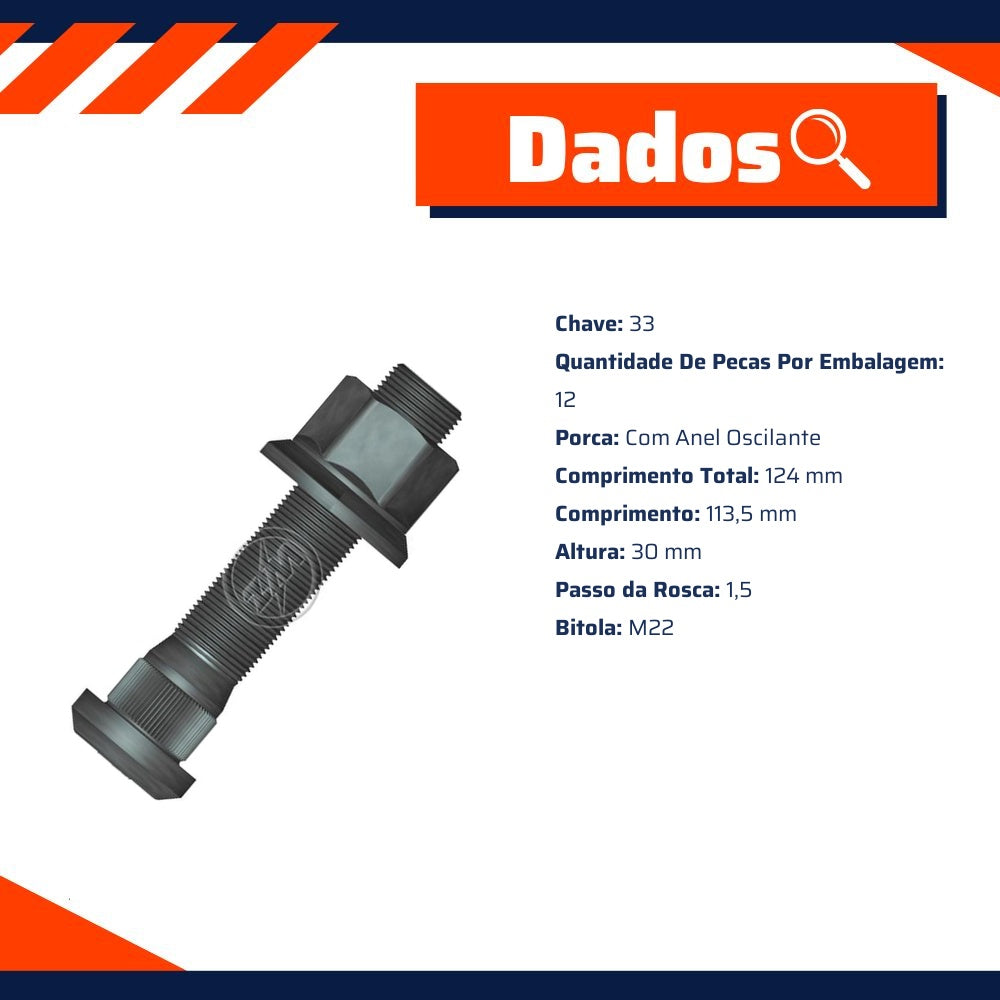 Kit 12 Parafuso Roda M22-1,5x113,5/124xCH33 - ZM - 40.022.71 - (2)
