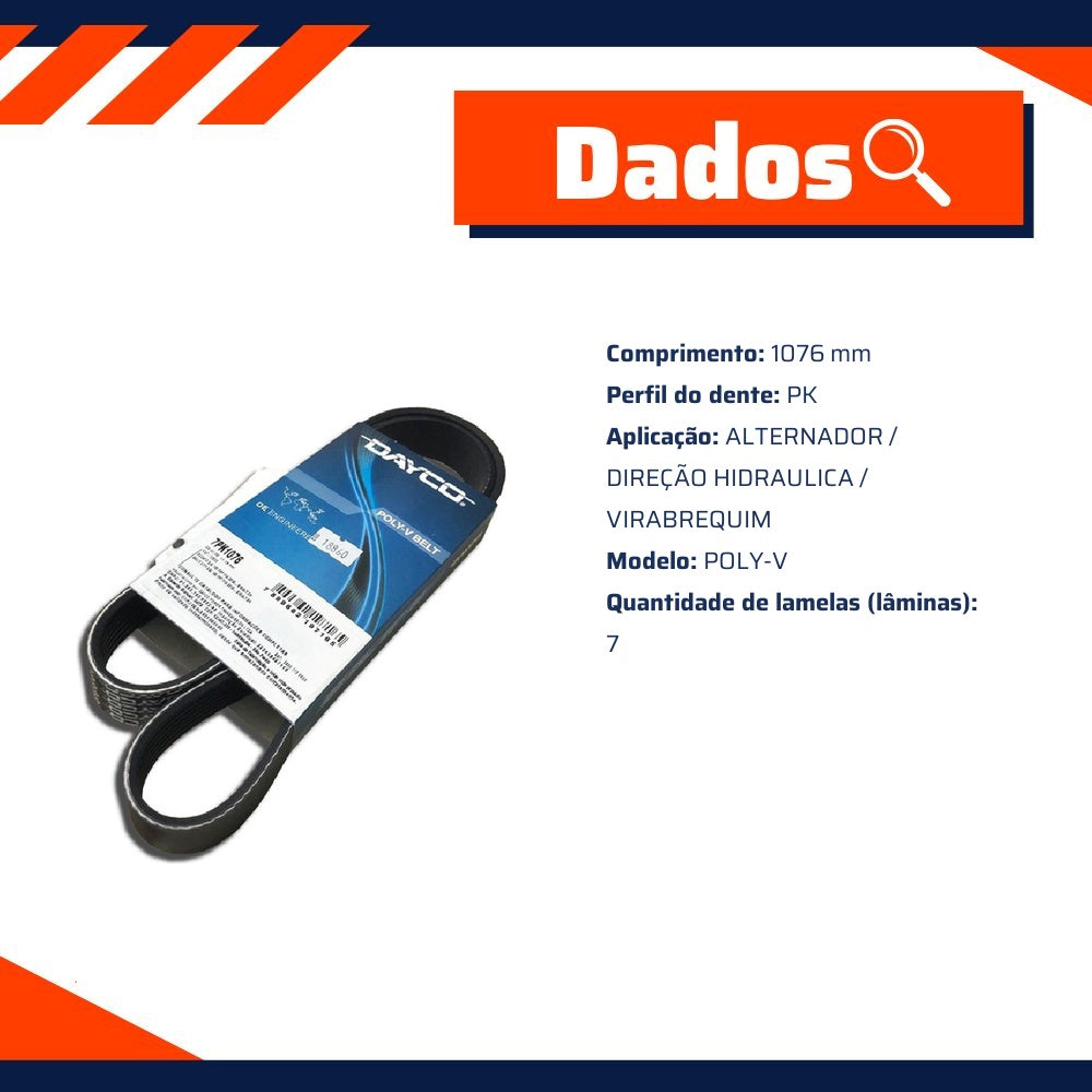Correia de Acessórios Poly-V PK 1076mm para Fiat Ducato e Iveco Daily 30S13 - Dayco - 7PK1076 - (8)