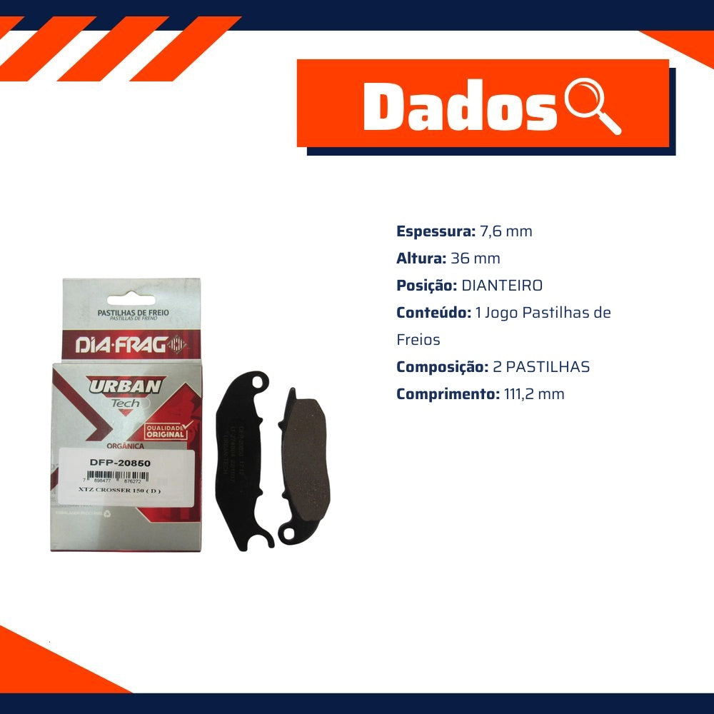 Pastilha de Freio Dianteira para Yamaha XTZ 150 CROSSER e XTZ 250 LANDER - Dia-Frag - DFP-20850 - (1)