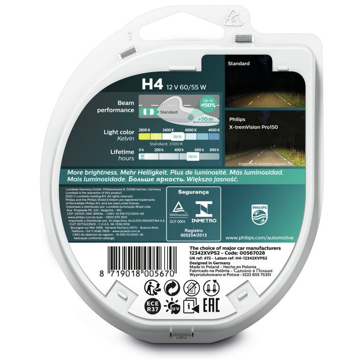 Par de Lâmpadas Philips X-treme Vision H4 55/60w 12v - Philips - 12342XVPS2 - (5)