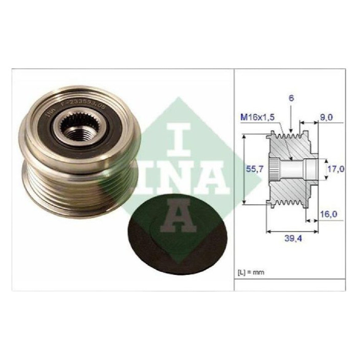 Roda Livre do Alternador M16X1,5 6 Canais 55,7x39,4 mm - INA - 535 0060 10 - (3)