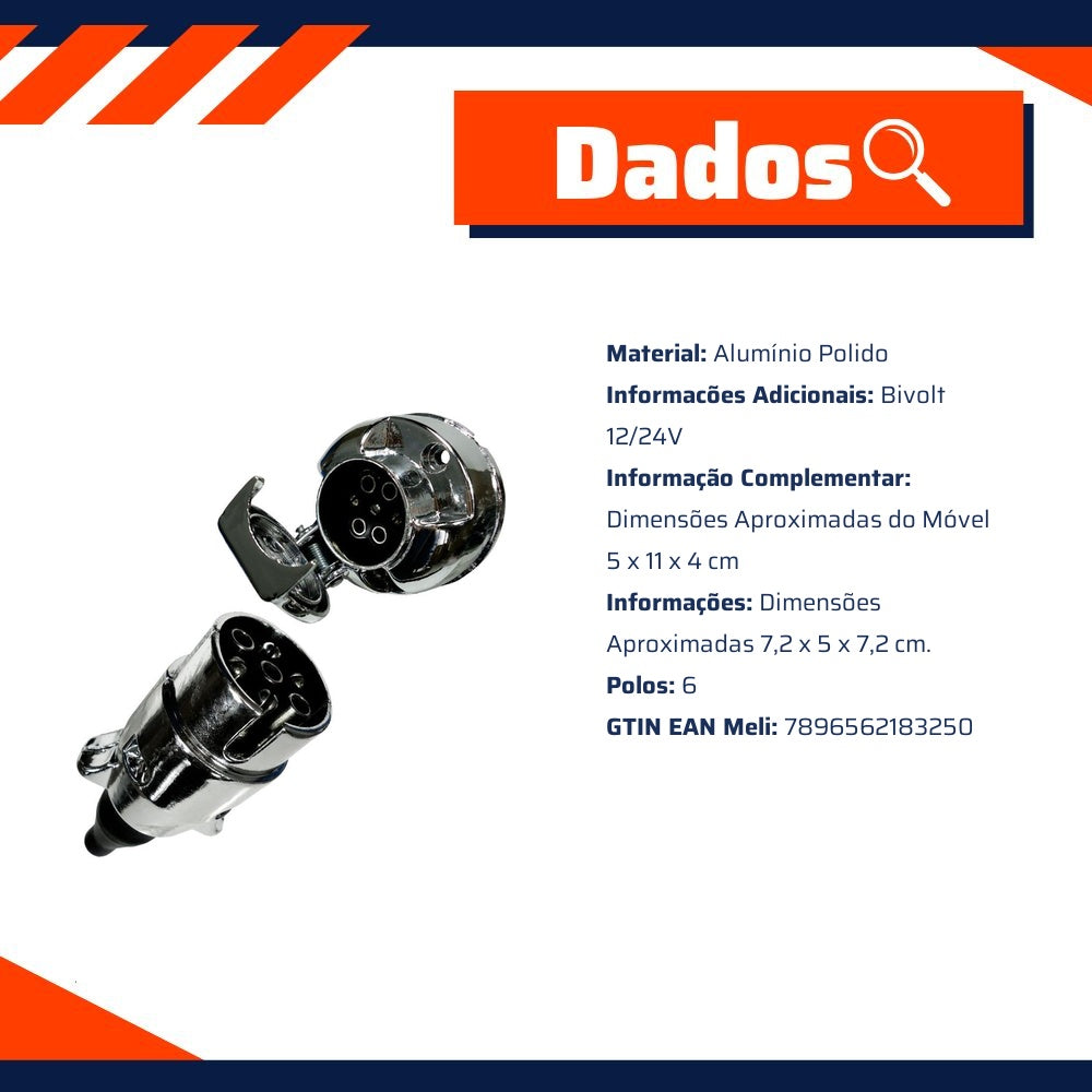Tomada Elétrica Engate 6 Polos Alumínio Redonda Cromada para Reboque Carretinha - DNI - 8325 - (2)