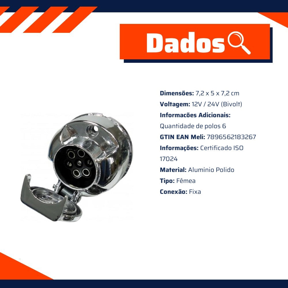 Tomada Fêmea de Engate Fixo 6 Polos Alumínio 12/24V - DNI - 8326 - (2)
