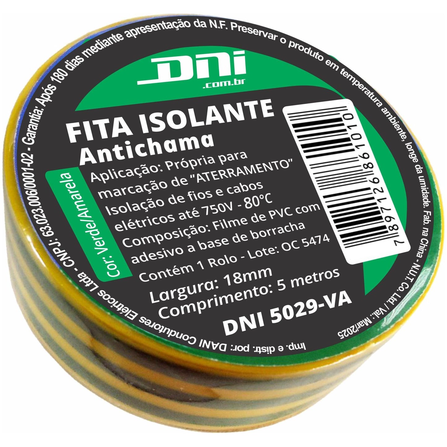 10 Fitas Isolante em PVC Verde Amarela Rolo 5 Metros - DNI 5029-VA - (2)