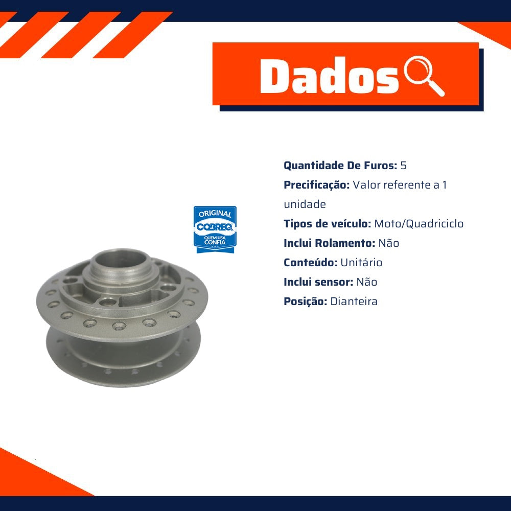 Cubo de Roda Dianteiro 5 Furos sem Rolamento para Honda CG 150 e NXR 150 BROS - Cobreq - 0020-CB - (3)