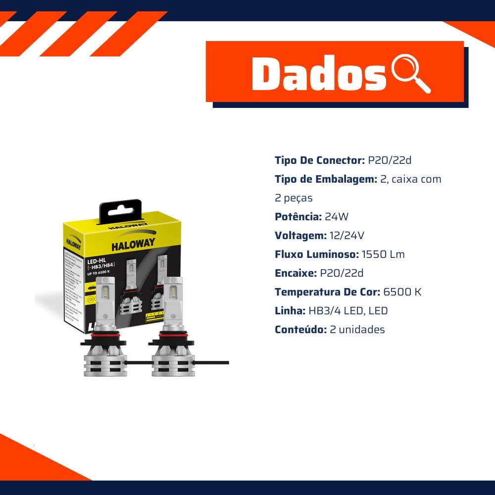Par Lâmpada LED do Farol HB3/HB4 12V 6500K - Haloway - LED HB3/4 HAL - (3)