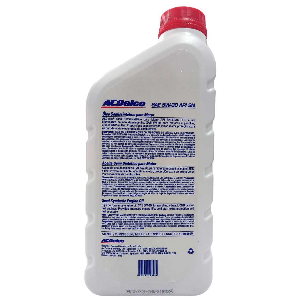 Óleo Lubrificante do Motor Semissintético 5W30 SN 1L - ACDelco - 98550378 - (3)