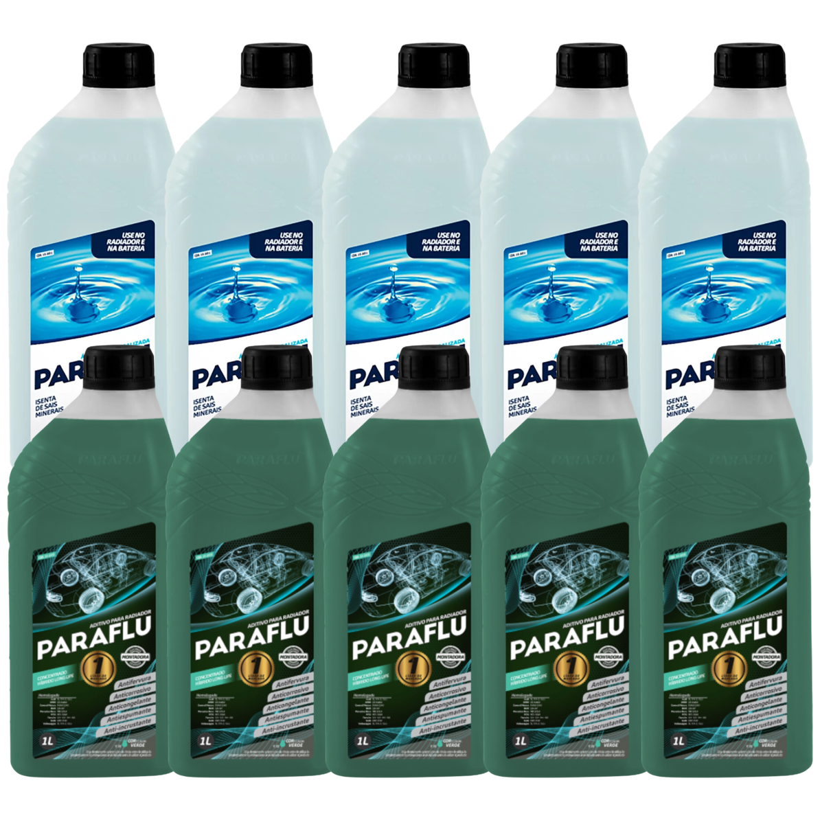 Kit 10 Litros com 5L Aditivo Radiador Verde + 5L Água - Paraflu - 10-3031/10-3055 - (1)