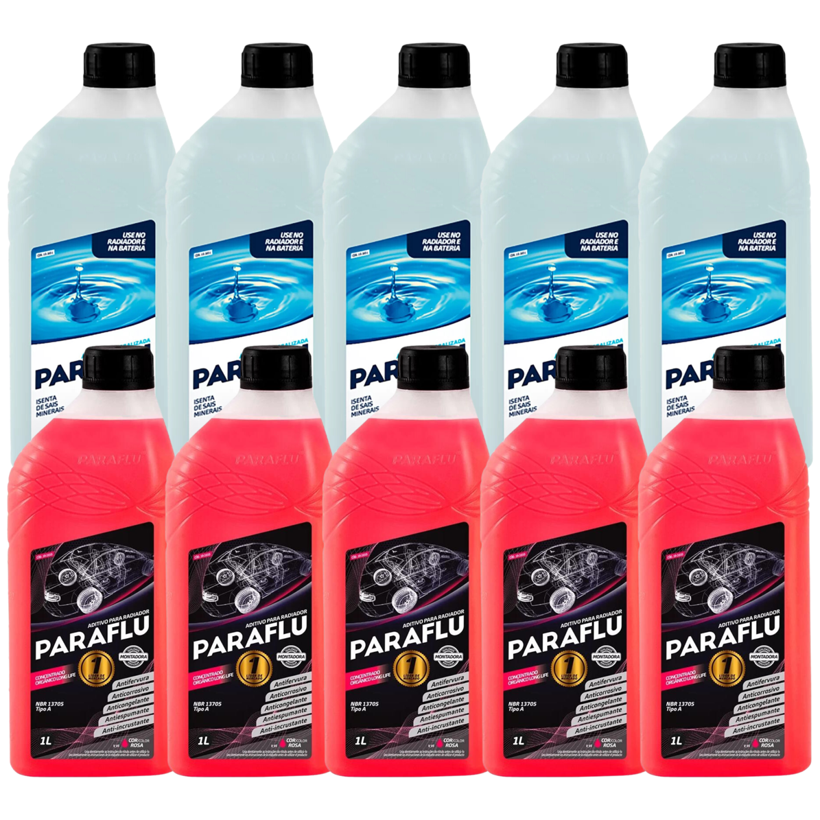 Kit 10 Litros com 5L Aditivo Radiador Paraflu Rosa Montadora Orgânico + 5L Água - (1)